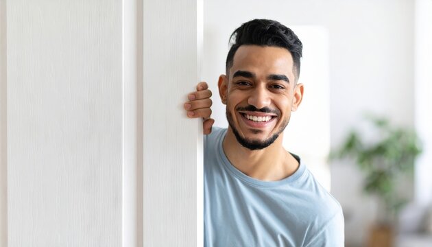 Cheerful young man with a beaming smile peeks out from behind a white doorway indoors.