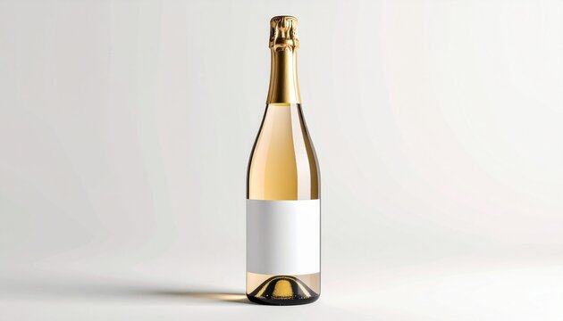 Elegant bottle of sparkling wine with a blank white label for mockup, isolated on a clean white background for branding
