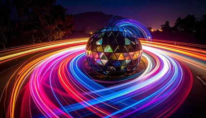 Colorful light trails circling a sphere