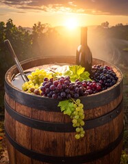 Wine barrel with grapes at sunrise