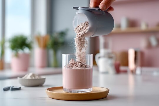 Mixing protein powder with liquid supplement in a bright kitchen environment, showcasing the food preparation process for healthy living, captured in a close-up view.
