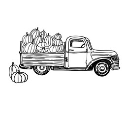 Pickup with pumpkins line art style