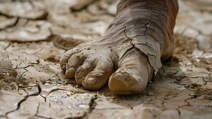Obraz premium Foot Heel Dryness: Close-Up of Flaky Skin Crumbling to Powdery Substance, Highlighting Dry Skin Texture and Vulnerability