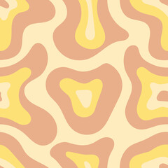 Seamless abstract wavy pattern with organic shapes in yellow, cream, and peach tones, evoking a retro groovy aesthetic.