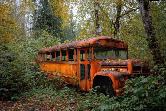 rusty orange school bus sits abandoned in the fall