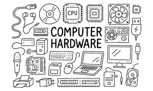 Hand drawn computer hardware elements with laptops and peripherals