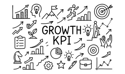 Growth and kpi concept with doodle style business icons and charts