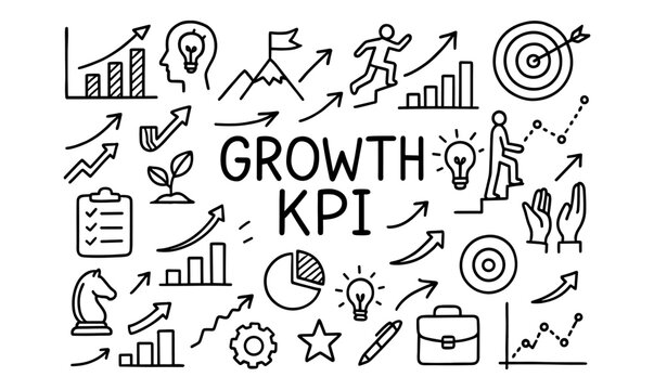 Growth and kpi concept with doodle style business icons and charts