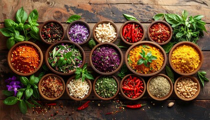 Colorful spices and herbs on rustic wood