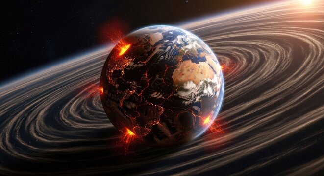 Earth disintegration; planet breaking with fire, surrounding rings in space