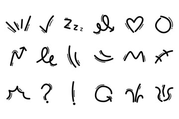 Hand drawn manga doodle set. Cartoon anime sketch elements collection. Vector illustration.