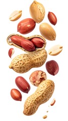 Peanuts in mid-air, various stages of shell
