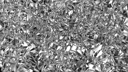 Silver crumpled foil texture. Abstract shiny metallic background with geometric creases. Modern backdrop for celebration and creative designs.