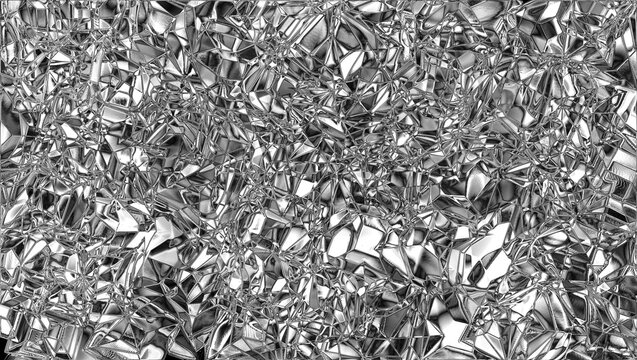 Silver crumpled foil texture. Abstract shiny metallic background with geometric creases. Modern backdrop for celebration and creative designs.