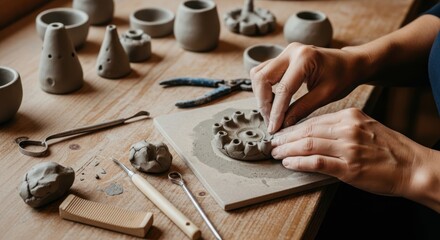 Close-up of a person's hands shaping clay on a wooden worktable with pottery tools and various