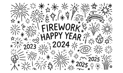 Festive fireworks celebration and new year 2024 doodle design