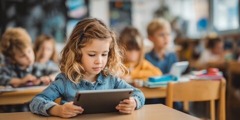 Girl is sitting at a desk with a tablet in front of her