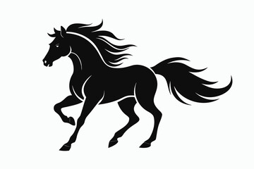 Running Black Horse Silhouette with Flowing Mane and Tail on White Background