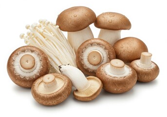 Assortment of mushrooms and enoki isolated on white background