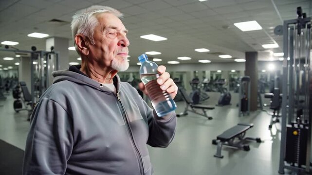 elderly positive man drinks water from a bottle in a gym