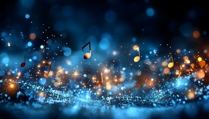 Blue music notes floating on a dark background with bokeh effect.
