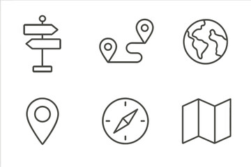 Fototapeta premium Navigation and travel line icons set with signpost, map, compass, and location pins for global exploration