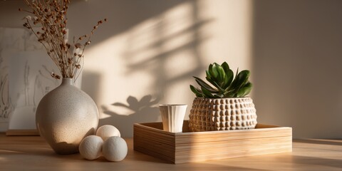 Vase with flowers sits on a table next to a tray with a potted plant