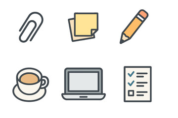 Modern flat design icons representing essential office supplies, digital workspace tools, and daily productivity items