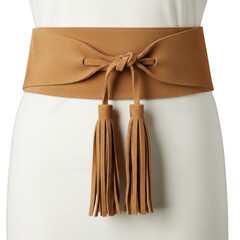 Tan suede obi belt with tassels isolated on transparent background