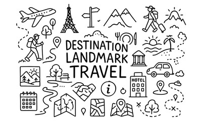 Doodle travel adventure: icons of exploration and travel destinations
