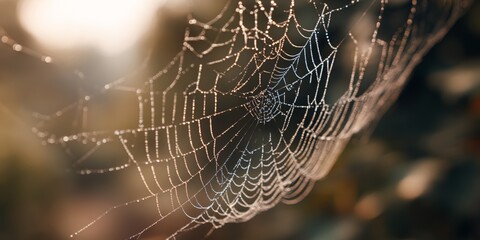 Spider web is shown with a lot of water droplets on it