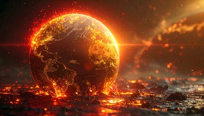 Fiery Planet Engulfed in Flames Above Volcanic Landscape with Calming Blue Water, Destruction and Serenity