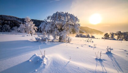 Winter sunrise in snowy landscape