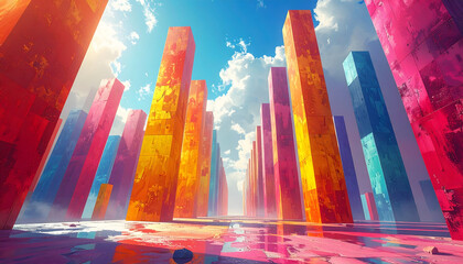 Surreal Floating City Skyline of Colorful Rectangular Blocks Above Reflective Pink Landscape