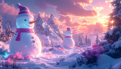 Serene Winter Landscape with Festive Snowmen Wearing Scarf and Santa Hat, Invoking Holiday Cheer at Dusk