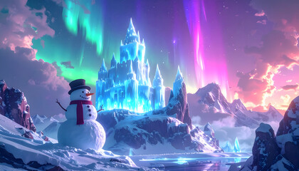 Grand Castle on Icy Cliff in Vibrant Winter Landscape with Pink Blue Aurora Reflections, Dreamlike Fantasy Scene