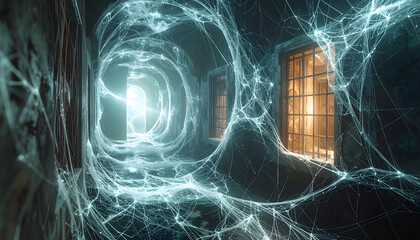Eerie Room with Intricate Spider Web Pattern, Window Light and Warm Glow, Evoking Fantasy Horror Mystery