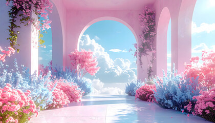 Vibrant Interior Garden with Pink Flower Tunnel Leading to Archway, Lush Greenery and Cloud-Filled Sky