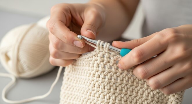 Close-up of hands crocheting with yarn and hook on a table