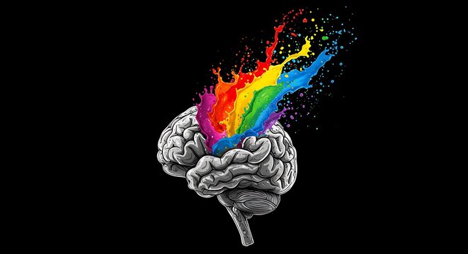 colorful paints exploding from a creative brain on black background, subject at top with clear copy space below, black and white minimalist sketch