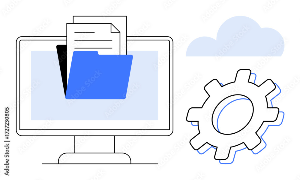 Poster desktop monitor with open folder and documents, gear for settings, and cloud symbol. ideal for data 