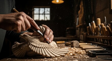 Close-up of hands carving a wooden sculpture with chisel in a workshop with natural light.