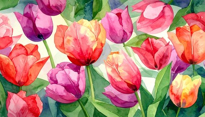 Watercolor painting of vibrant tulips in shades of pink, red, orange, and purple on green stems