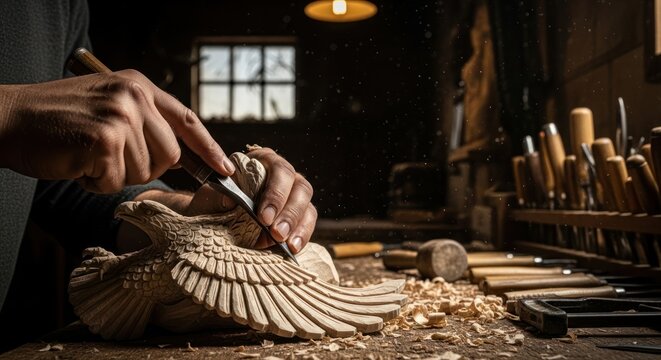 Close-up of hands carving a wooden sculpture with chisel in a workshop with natural light.
