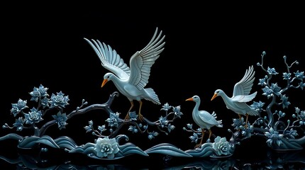 Elegant Korean lacquerware art with cranes and floral patterns on black background