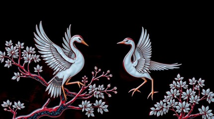 Elegant Korean lacquerware art with cranes and floral patterns on black background