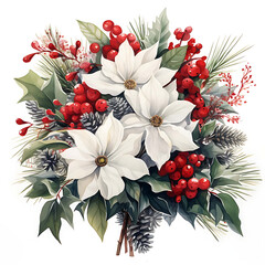 A beautiful festive holiday bouquet featuring white poinsettias vibrant red berries pine needles and pinecones perfect for christmas and winter celebrations