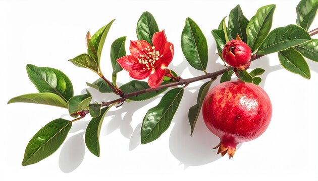 A pomegranate branch with flower and fruit realistic detail white background with subtle shadows
