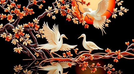 Elegant Korean lacquerware art with cranes and floral patterns on black background