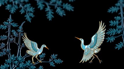 Elegant Korean lacquerware art with cranes and floral patterns on black background
